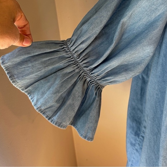 NWT Saks Fifth Avenue Chambray Mini Pom Pom Off-Shoulder Flounce Dress Size S - Picture 6 of 10